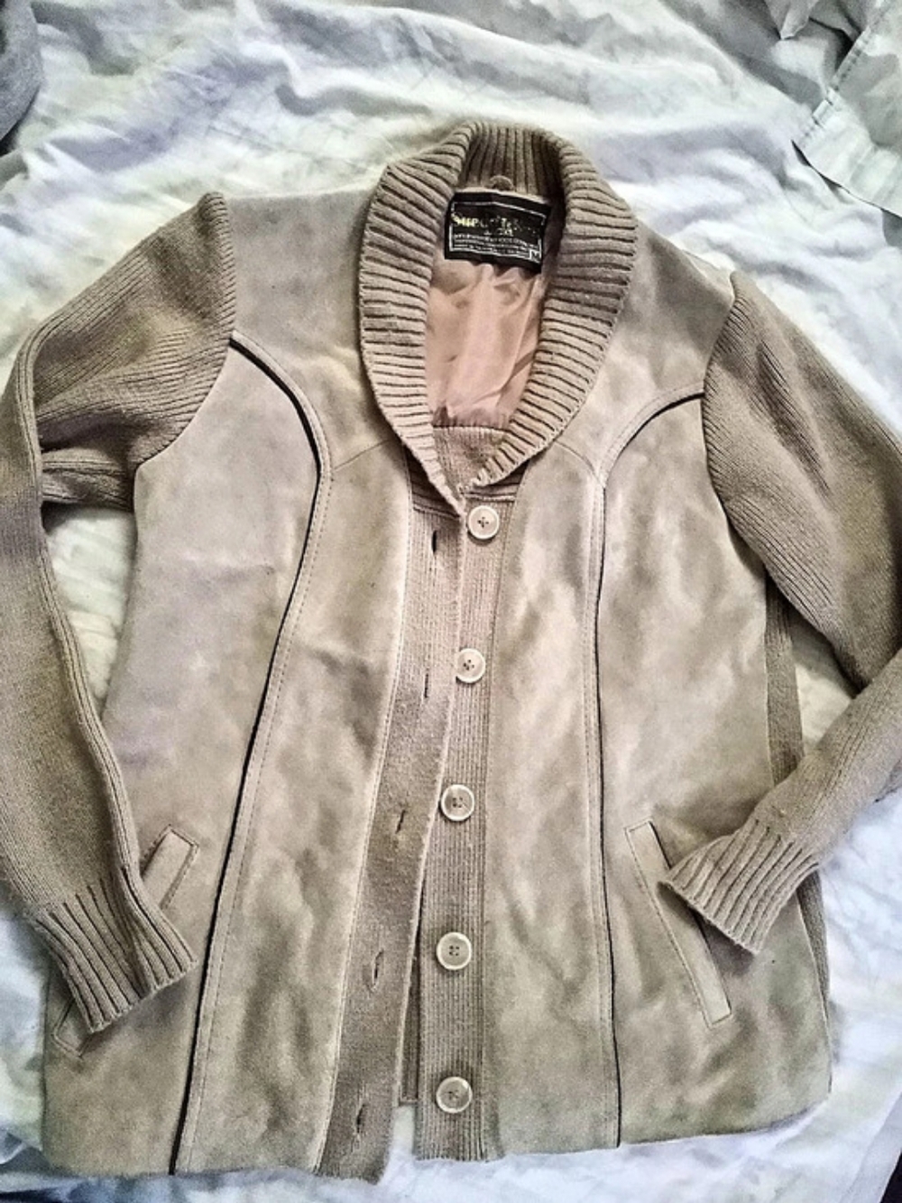 Vintage Suede'n Knit Jacket Women's Long Sleeve Leather Brown Size M.
